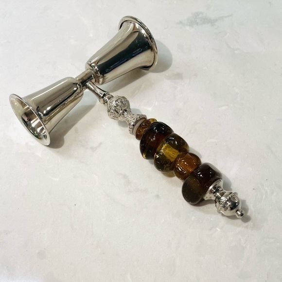 Vintage Two Sided Shot With Amber Beaded Silver Tone Handle - Picture 1 of 3